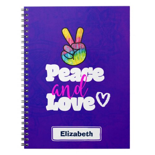 Peace and Love Typography Rainbow Hand Peace Sign Notebook