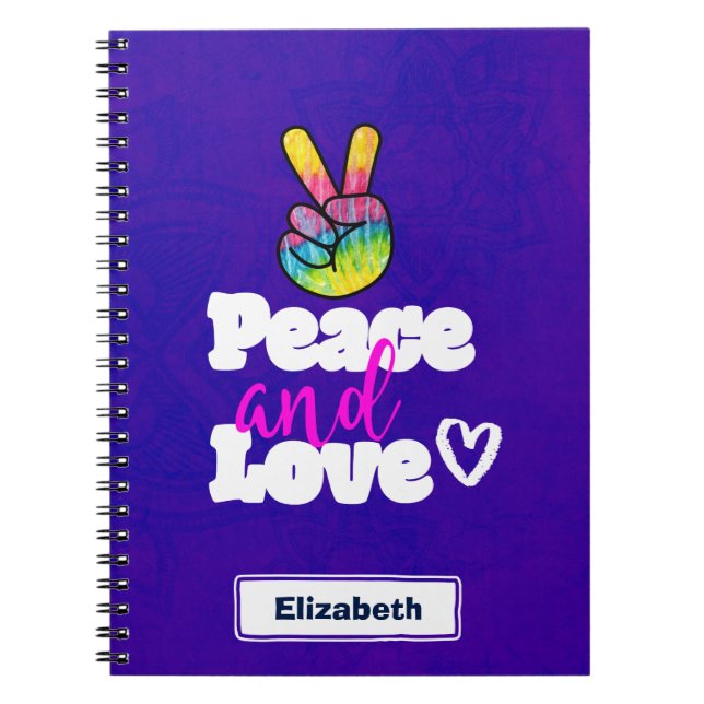 Peace and Love Typography Rainbow Hand Peace Sign Notebook (Front)