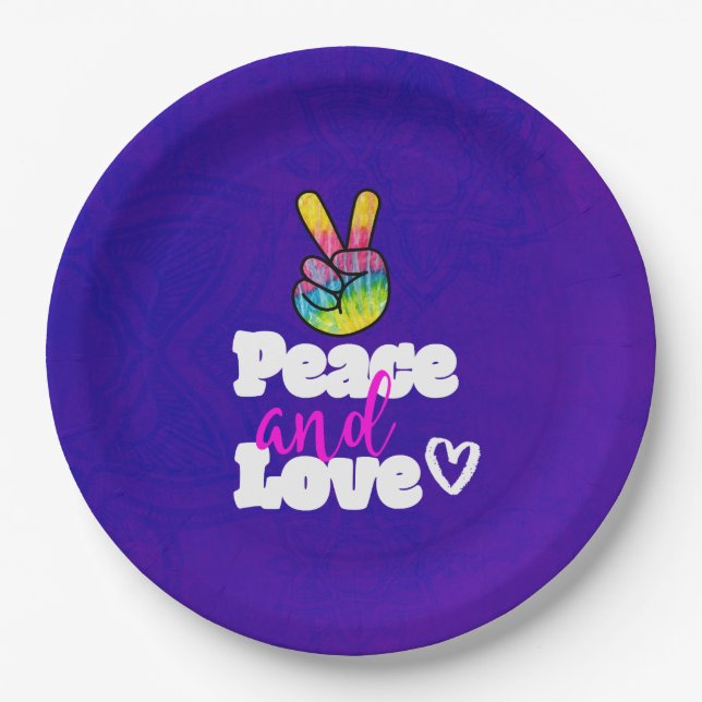 Peace and Love Typography Rainbow Hand Peace Sign Paper Plates (Front)