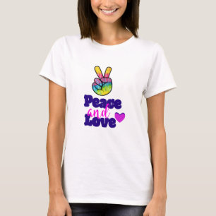 Peace and Love Typography Rainbow Hand Peace Sign T-Shirt