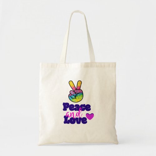 Peace and Love Typography Rainbow Hand Peace Sign Tote Bag