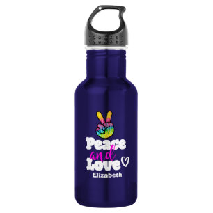 Peace and Love Typography Rainbow Hand Peace Sign Water Bottle