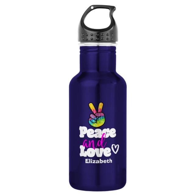 Peace and Love Typography Rainbow Hand Peace Sign Water Bottle (Front)