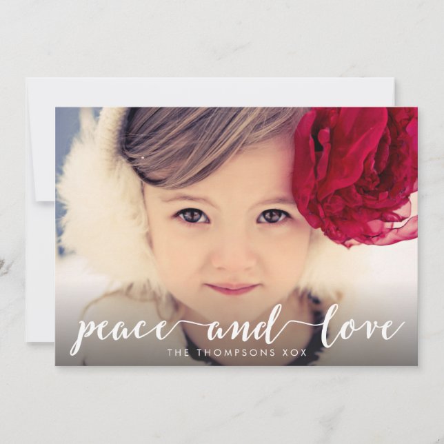Peace and Love White Script Xmas Photo Overlay Holiday Card (Front)