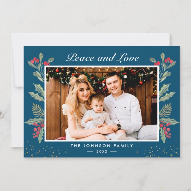 Peace and Love Winter Blue Holly Berries Photo Holiday Card (Front)