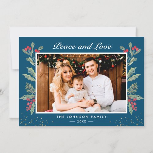 Peace and Love Winter Blue Holly Berries Photo Holiday Card