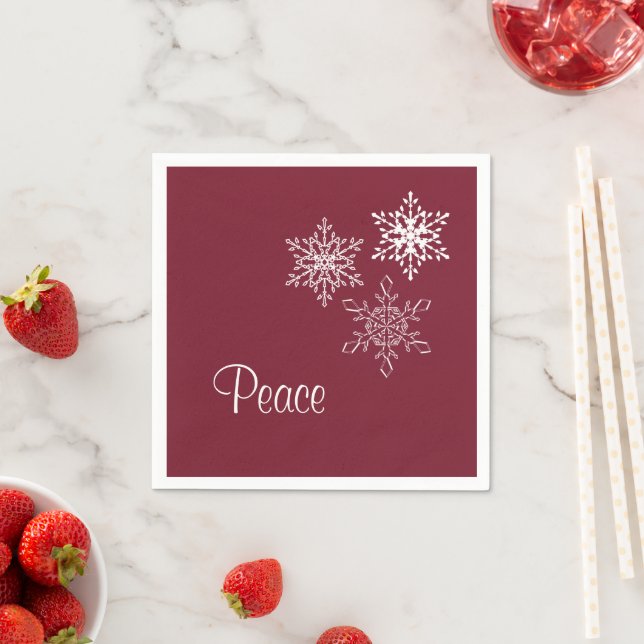 Peace and Three Snowflakes Burgundy Holiday Napkins (Insitu)