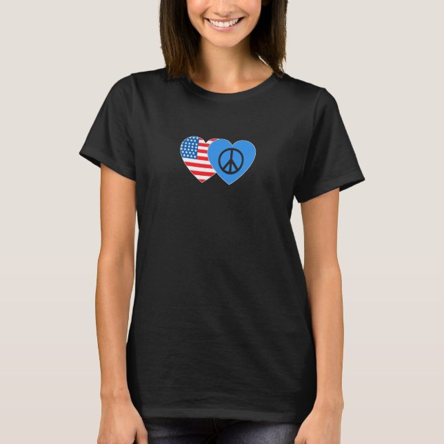 Peace and USA Flag Twin Heart for Peacemaker Ameri T-Shirt (Front)