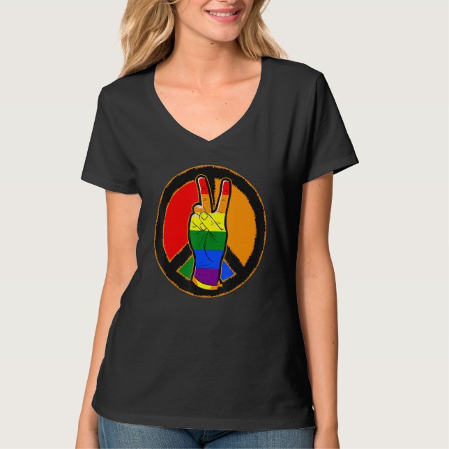 Peace and Victory Sign Love Tolerance LGBT T-Shirt (Front)