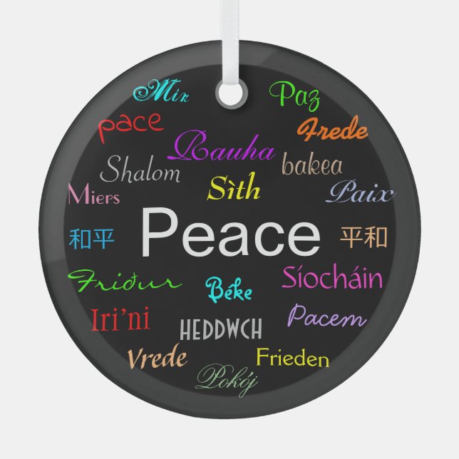 Peace Around the World in Black Glass Ornament (Front)