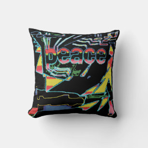 "Peace" Art Graphic Red Yellow Aqua Pink on Black Throw Pillow