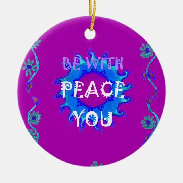 Peace Be With You | Beautiful Purple & Blue Floral Ceramic Ornament (Front)