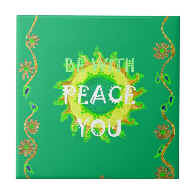 Peace Be With You: Inspirational Green and Yellow  Ceramic Tile (Front)