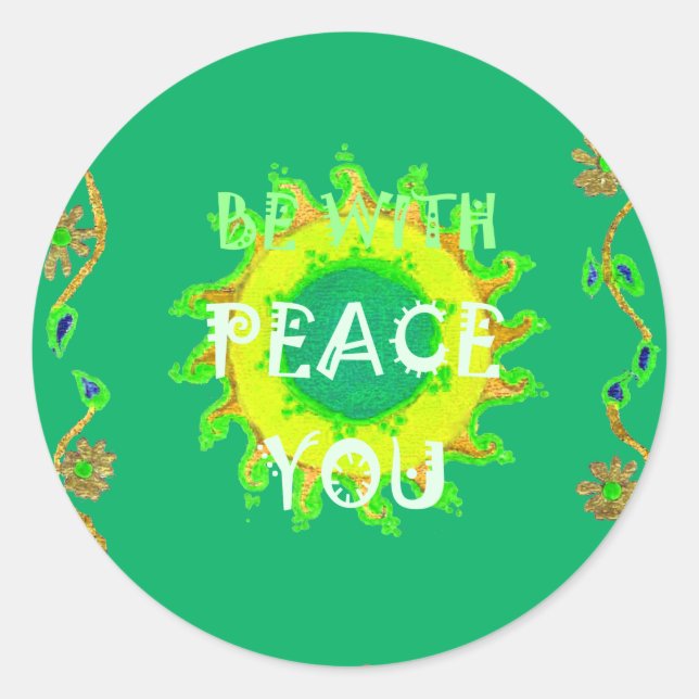 Peace Be With You: Inspirational Green and Yellow  Classic Round Sticker (Front)