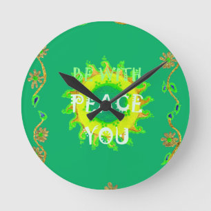 Peace Be With You: Inspirational Green and Yellow  Round Clock