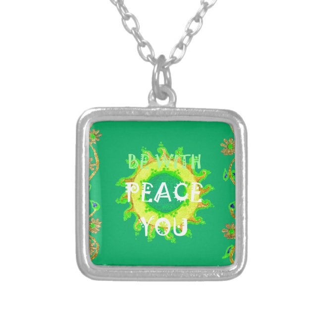 Peace Be With You: Inspirational Green and Yellow  Silver Plated Necklace (Front)