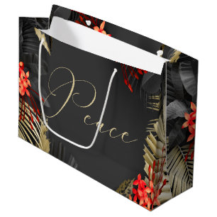 Peace Black Gold Crimson Tropical Foliage Large Gift Bag