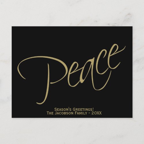 Peace Black  Gold Elegant Minimal Photo Holiday Postcard