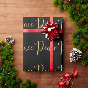 “Peace” Black Gold Script Elegant Holiday Wrapping Paper