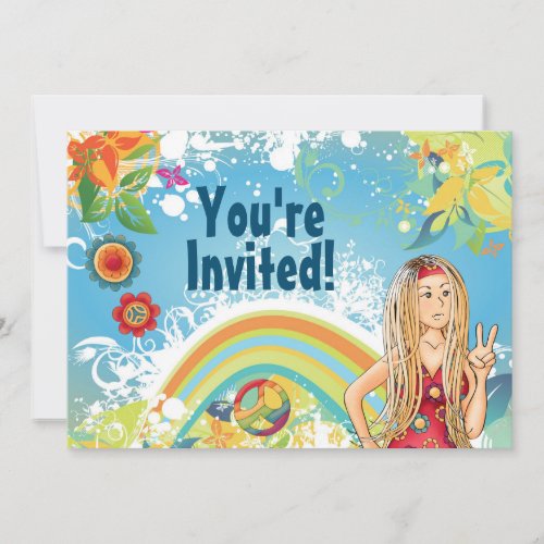 Peace Blond Hippie Girl Flower Birthday Invitation