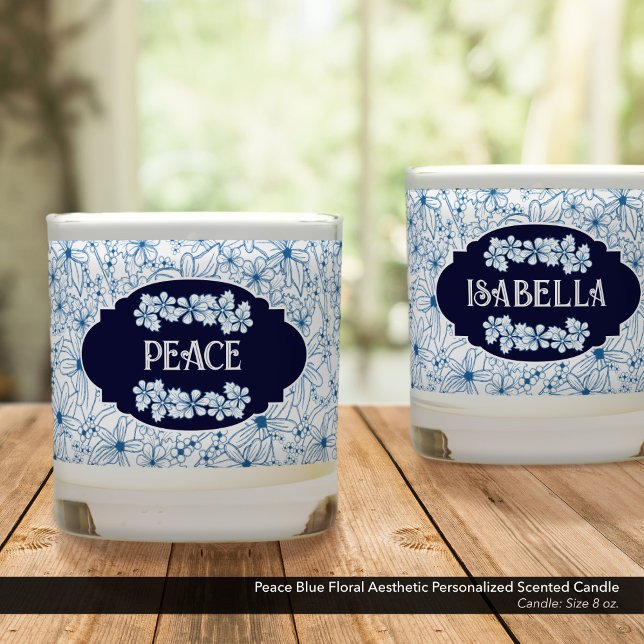 Peace Blue Floral Aesthetic Personalized Scented Candle (Peace Blue Floral Pattern Scented Candle–Personalized with Your Name and Message,)