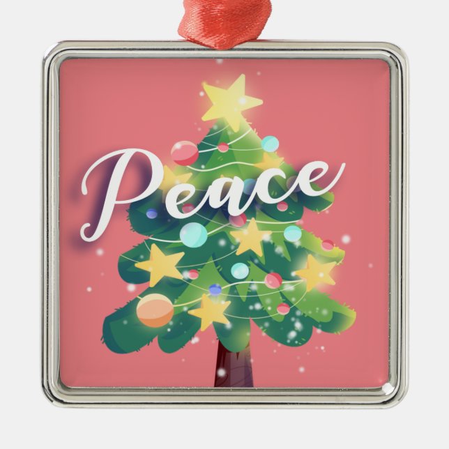 Peace Carton Christmas Tree Pink Metal Ornament (Front)