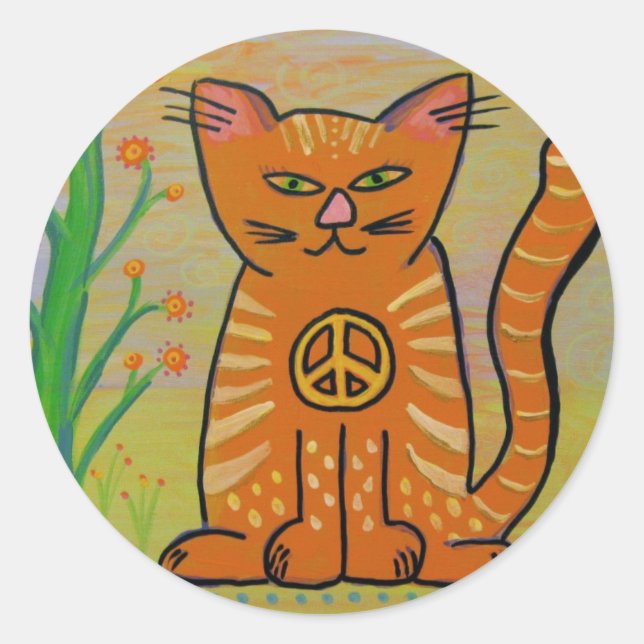 Peace Cat with Flowers Classic Round Sticker (Front)