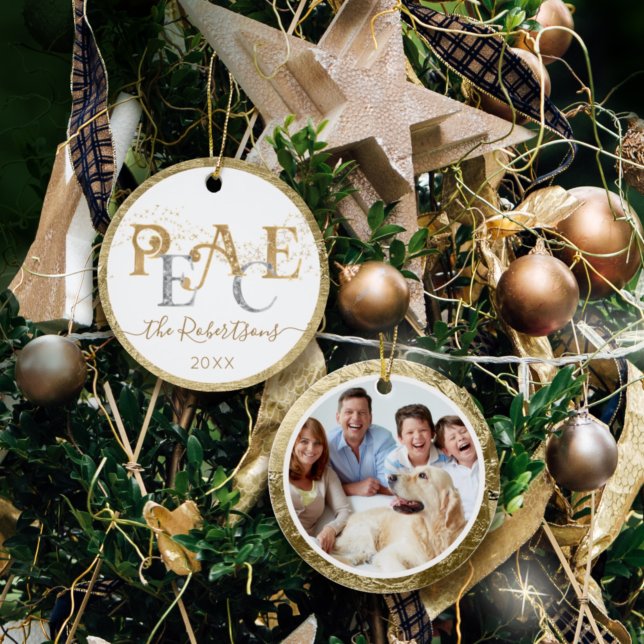 Peace Christmas Gold n Silver Glitter Family Photo Ceramic Ornament (Creator Uploaded)