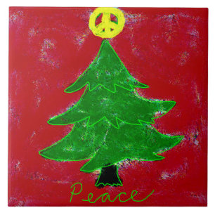 Peace Christmas Tree Abstract Art Ceramic Tile