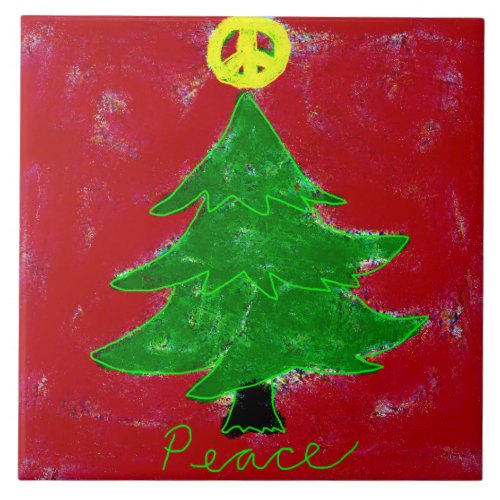 Peace Christmas Tree Abstract Art Ceramic Tile