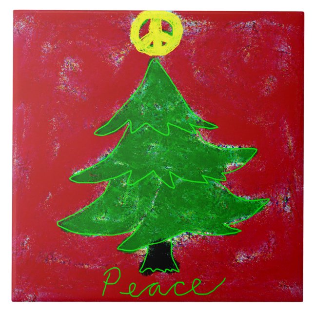 Peace Christmas Tree Abstract Art Ceramic Tile (Front)
