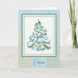 Peace Christmas Tree Snow Watercolor Folded Card 