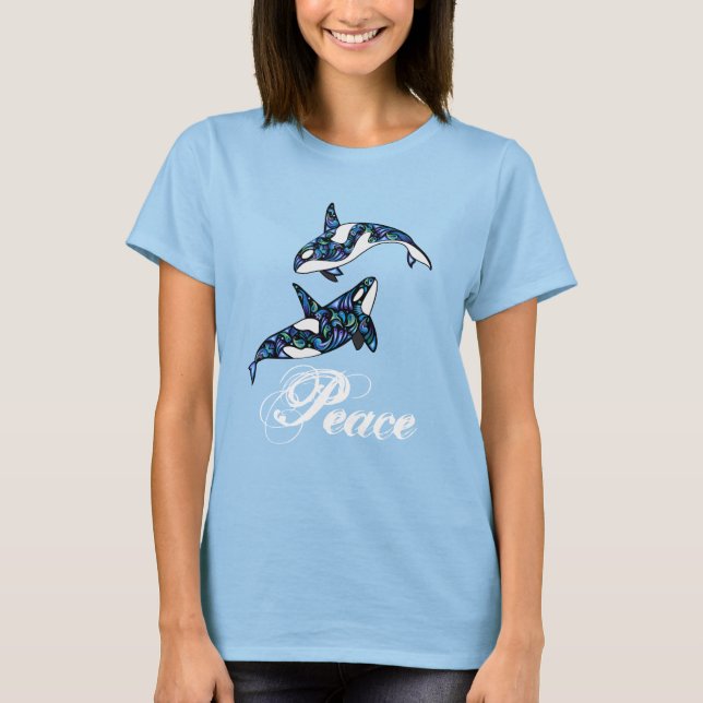 Peace ~ Colorful Psychedelic Trippy Orca Whales T-Shirt (Front)