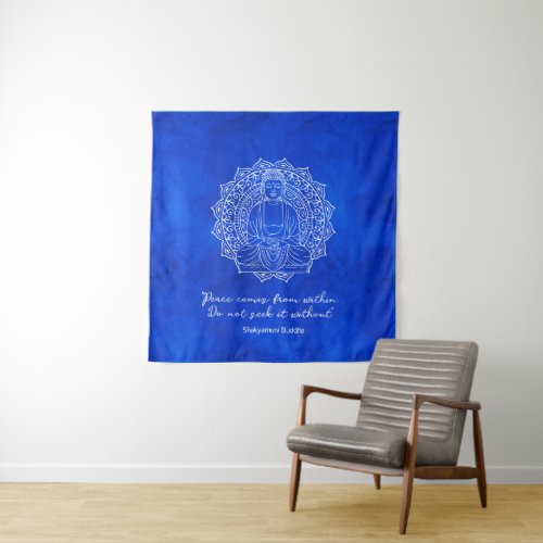 Peace Comes From Within Buddha Royal Blue Wall Tapestry