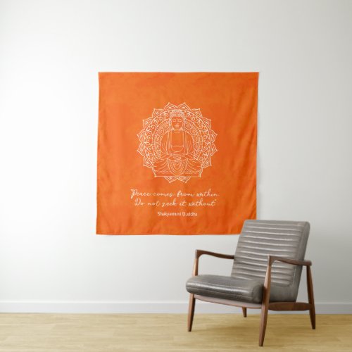 Peace Comes From Within Shakyamuni Buddha Orange Tapestry