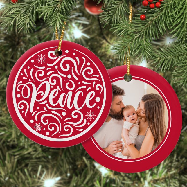 Peace Custom Family Photo Christmas Holiday Red Ceramic Ornament (Creator Uploaded)