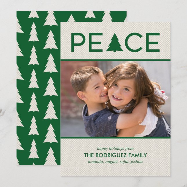 Peace Custom Photo Holiday Tree Green Beige Card (Front/Back)