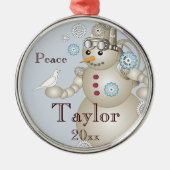 Peace Cute Dove and Steampunk Snowman Kids Metal Ornament (Front)