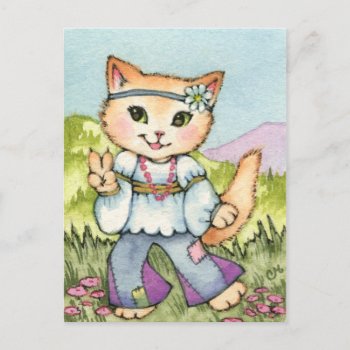 Peace - Cute Hippie 60s Cat Art Postcard by yarmalade at Zazzle