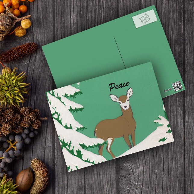 Peace Deer Snow Winter Scene Postcard (Brown female deer white face in snow by pine tree on mint green postcard.)