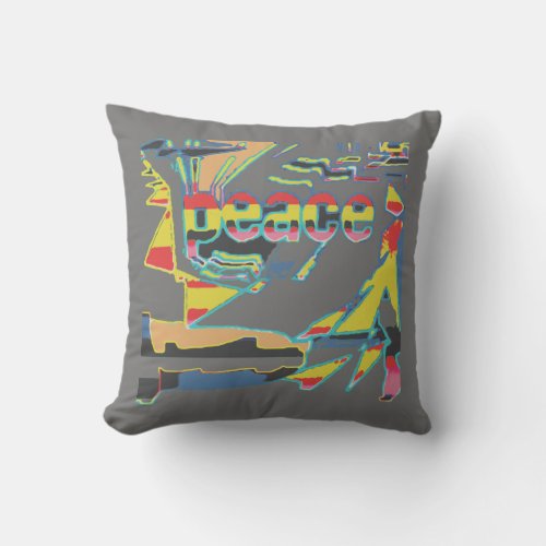 Peace Design Red Yellow Black Tan Blue on Gray Throw Pillow