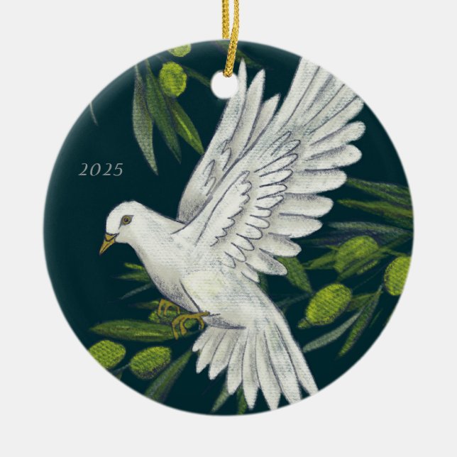 Peace Dove and Olive Branches Christmas Holiday Ceramic Ornament (Front)