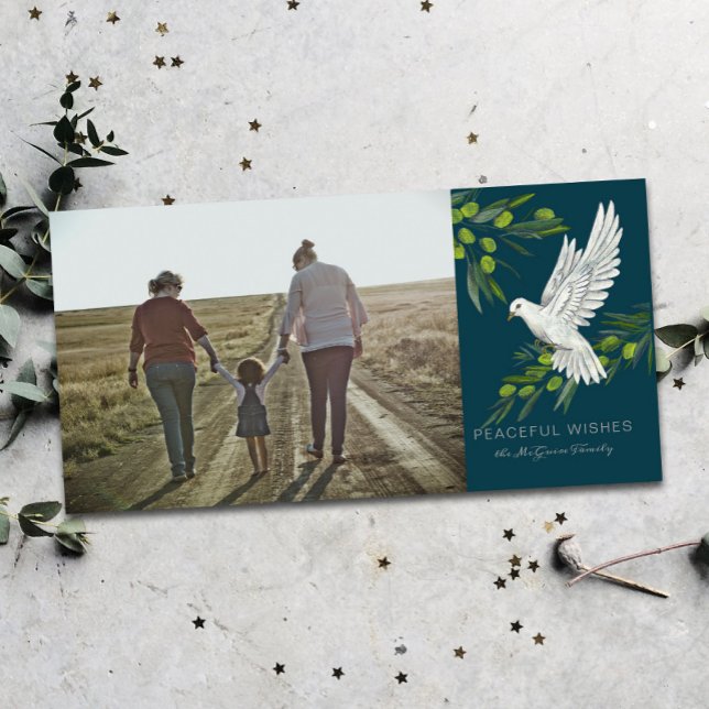 Peace Dove and Olive Branches Holiday Photo Card (skinny format one photo Christmas holiday card with a message of peace and white dove with olives)
