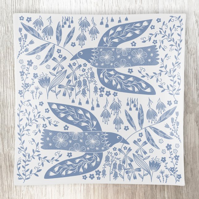 Peace Dove Bird Blue and White Trinket Tray (Blue and white doves and flowers bird art trinket tray)