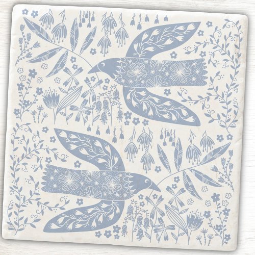 Peace Dove Birds and Wildflowers Blue Stone Coaster