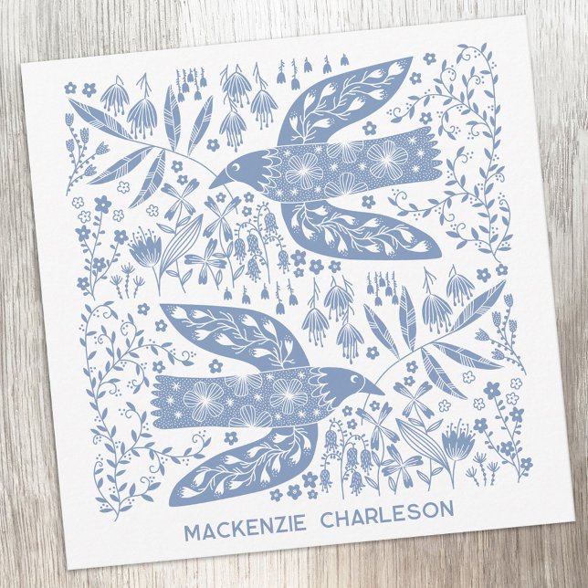 Peace Dove Blue Bird Personalized Name Note Card (Personalized custom name peace doves blue and white bird folk art notecards)