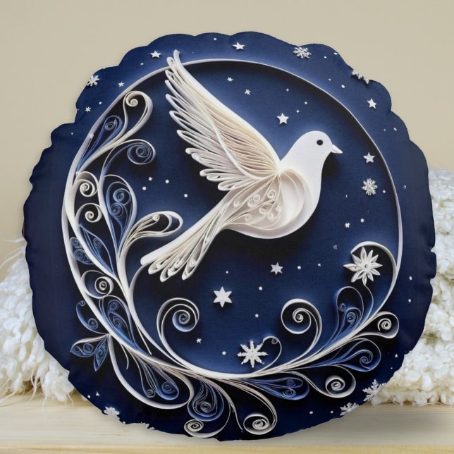Peace Dove Faux Papercraft Bird Blue Christmas Round Pillow (A personalized round throw pillow with Christmas dove design and festive greeting on the back)