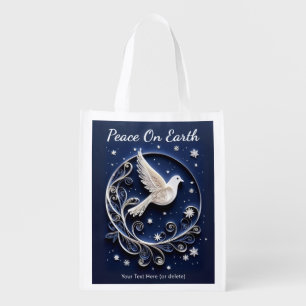 Peace Dove Faux Papercraft Elegant Blue Christmas Grocery Bag