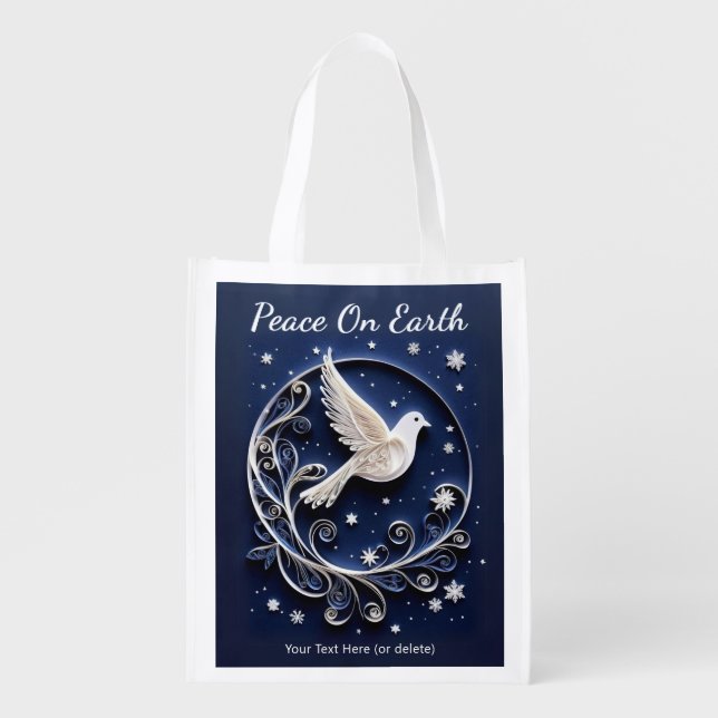 Peace Dove Faux Papercraft Elegant Blue Christmas Grocery Bag (Front)