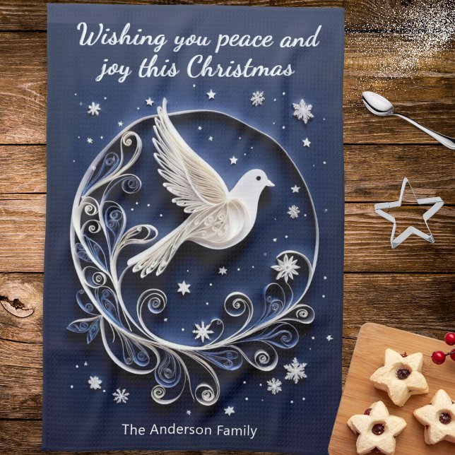 Peace Dove Faux Papercraft Elegant Blue Christmas Kitchen Towel (A Christmas kitchen towel with white peace dove and blue sky with stars, to personalize with a name)